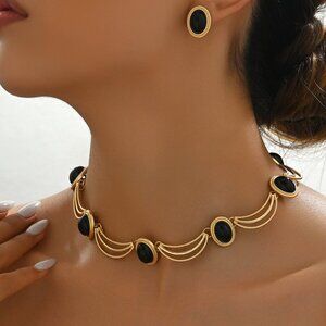 ✨ Gold Alloy Jewelry Set | Black Gemstone Earrings & Necklace ✨